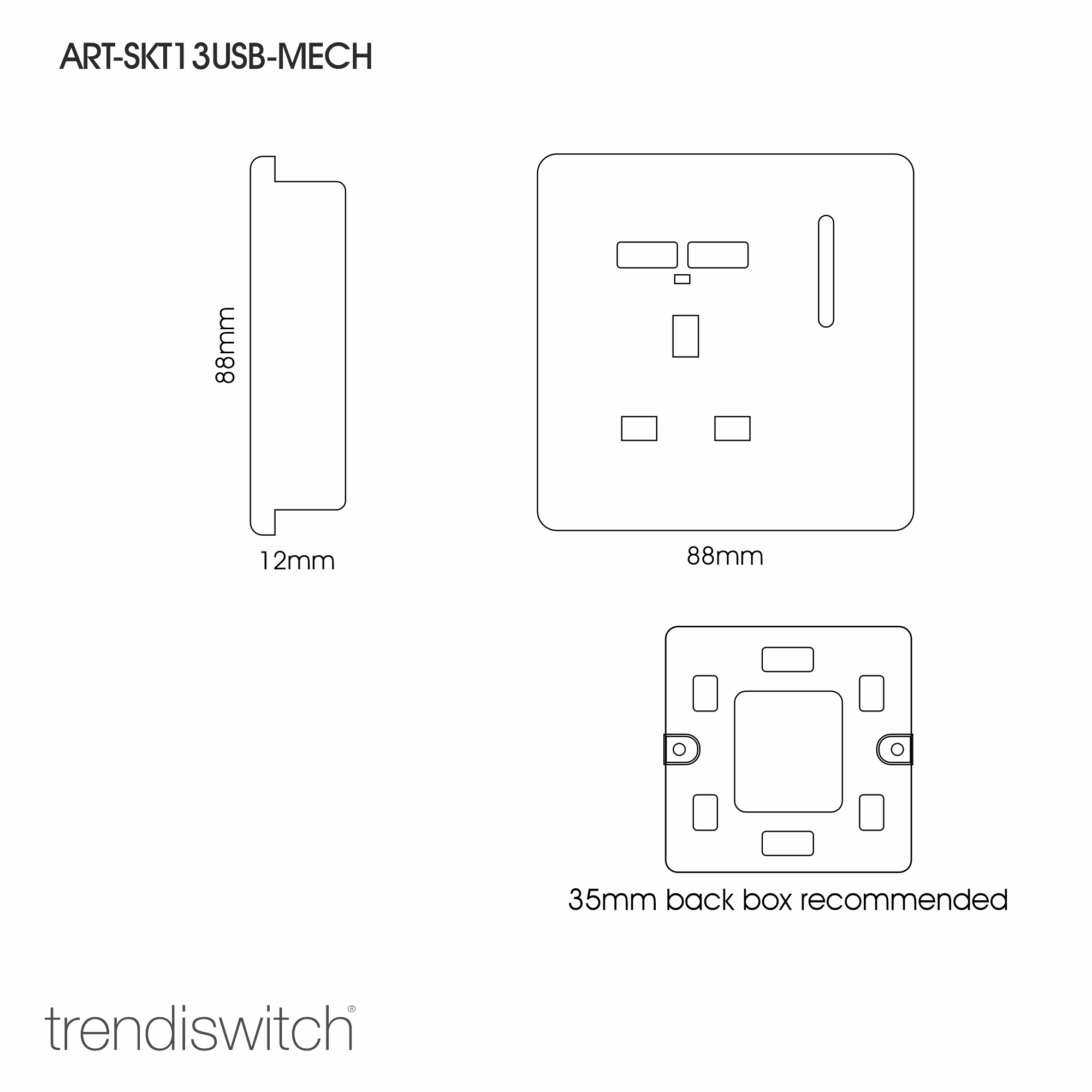 1 Gang Switched Single Socket 13A With 2 x USB-A 10W (Shared) With Neon Insert Matt Black ART-SKT13USBMBK  Trendi Matt Black